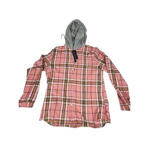 Romwe Womens Plus Oversized Hooded Pink Flannel Button Up Comfy Shirt NWT XXL